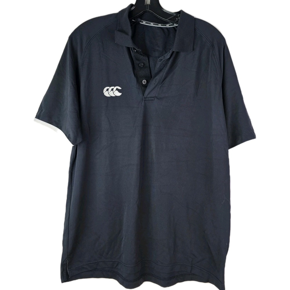 Canterbury of New Zealand Mens Vintage Polo Shirt Large Black White Logo‎ SS